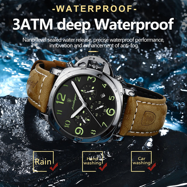 POEDAGAR Luxury Men's Quartz Watch Chronograph Waterproof Luminous Date Casual Leather Sports Military Wristwatch