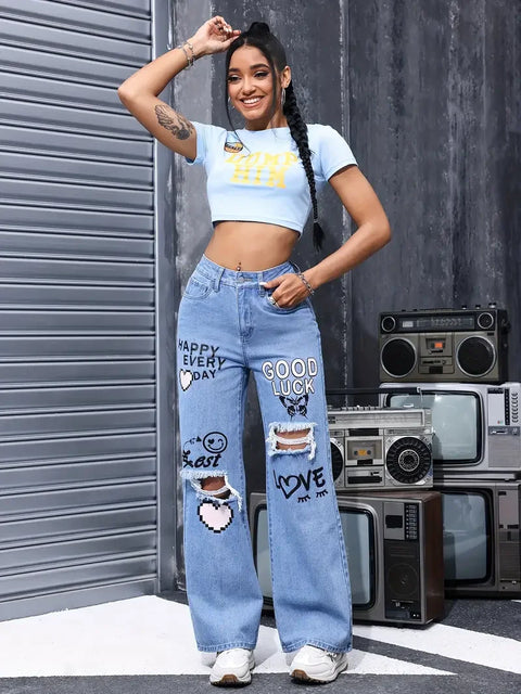 Chic Ripped Jeans for Women Fashion Casual High Waist Button Up Butterfly Print Straight Pants Perfect for Spring Summer 2024