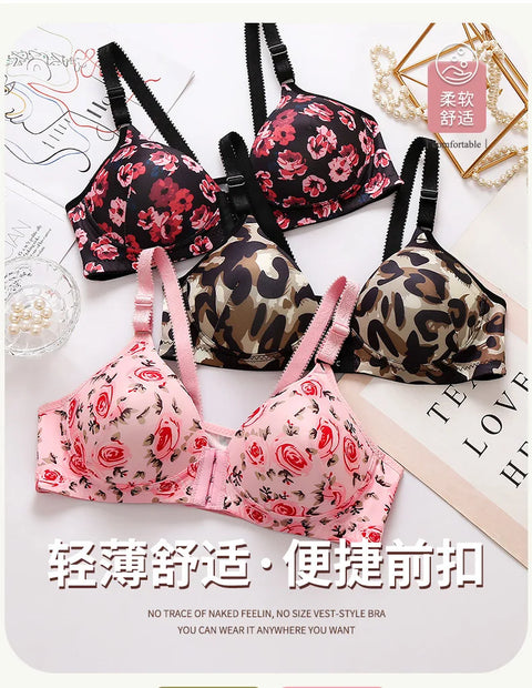 Floral Rose Push Up Bra Front Closure Wireless Bralette Seamless Underwear Plus Size for Women Eye Catching Short Length