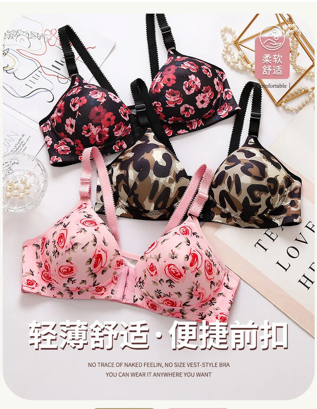 Floral Rose Push Up Bra Front Closure Wireless Bralette Seamless Underwear Plus Size for Women Eye Catching Short Length