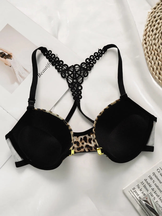 Leopard Print Ladies' Underwear Set: Sexy Comfortable Front Bbutton Beautiful Back Lace Triangle Bra Brief Combination for Everyday Wear A3159