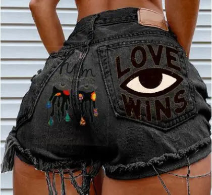 Eye Graffiti Pattern Women's Denim Shorts 2022 Summer High Waist Short Mujer Fashion Ripped Jean Shorts Streetwear Shorts w173