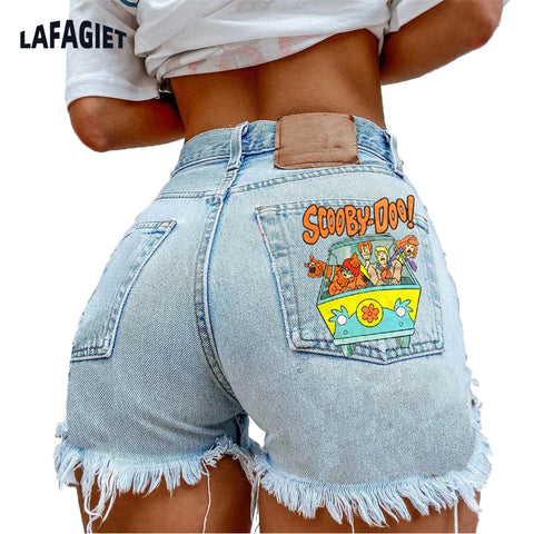 Denim Shorts for Women High Street Style with Red Lips Printed Jean Shorts Causal New Teeth Bite Bullet Pattern Summer Tassel Shorts