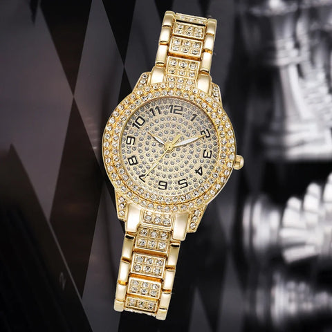 Luxury Women's Gold Quartz Watch Fashionable Diamond Wristwatch Set with Elegant Bracelet for Ladies