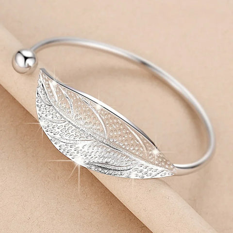 Fashion 925 Sterling Silver Woman Cuff Bracelet Open Leaf Shaped Adjustable Charm Bangle Bracelets Luxury Party Jewelry Gifts