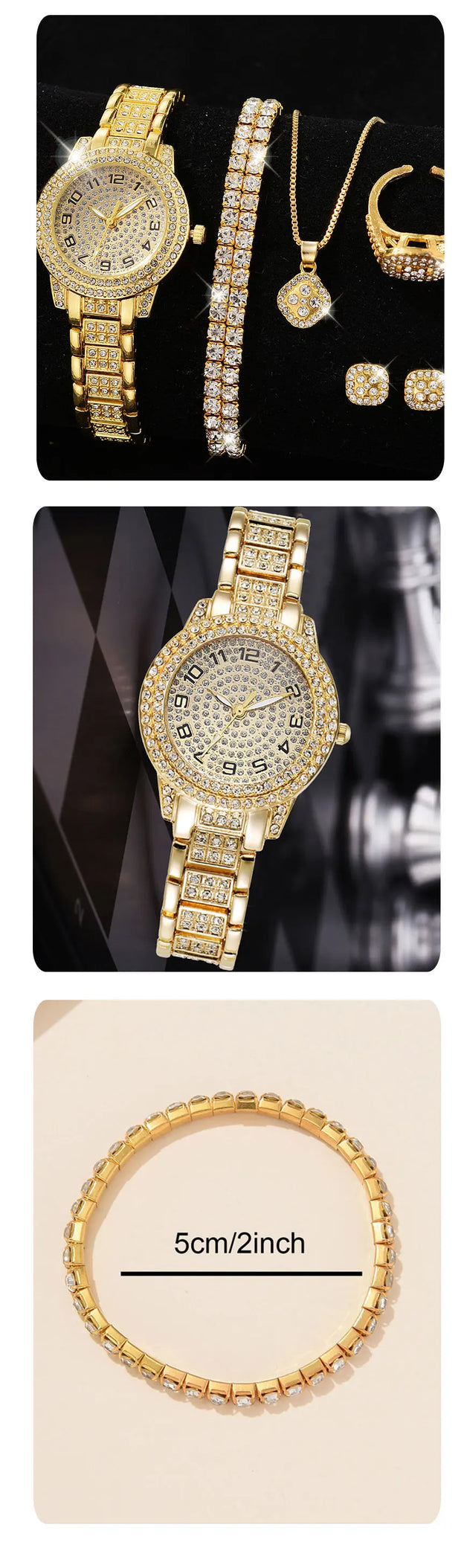 Luxury Women's Gold Quartz Watch Fashionable Diamond Wristwatch Set with Elegant Bracelet for Ladies