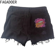 FAGADOER High Waisted Torn Denim Shorts for Women Casual Y2K Street Style with Eye Catching Printing Tassels