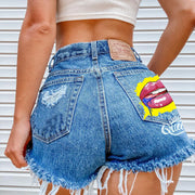 Denim Shorts for Women High Street Style with Red Lips Printed Jean Shorts Causal New Teeth Bite Bullet Pattern Summer Tassel Shorts