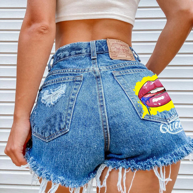 Denim Shorts for Women High Street Style with Red Lips Printed Jean Shorts Causal New Teeth Bite Bullet Pattern Summer Tassel Shorts