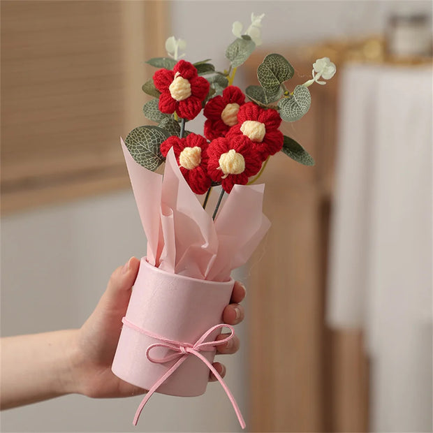 5PCS Knitted Flowers Puff Bucket Bouquet Woolen Flowers DIY Hand Knitted Flowers for Valentine's Day Christmas Gifts