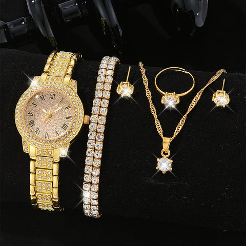 Luxury Women's Gold Quartz Watch Fashionable Diamond Wristwatch Set with Elegant Bracelet for Ladies