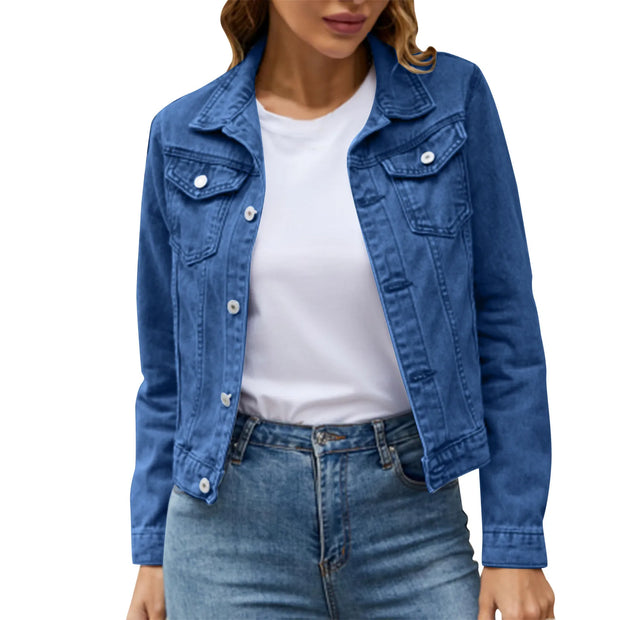 Women's Denim Jackets for Fashion Casual Long Sleeve Lapel Solid Single Button Chest Pocket Slim Fit Jean Coat for Fall Winter