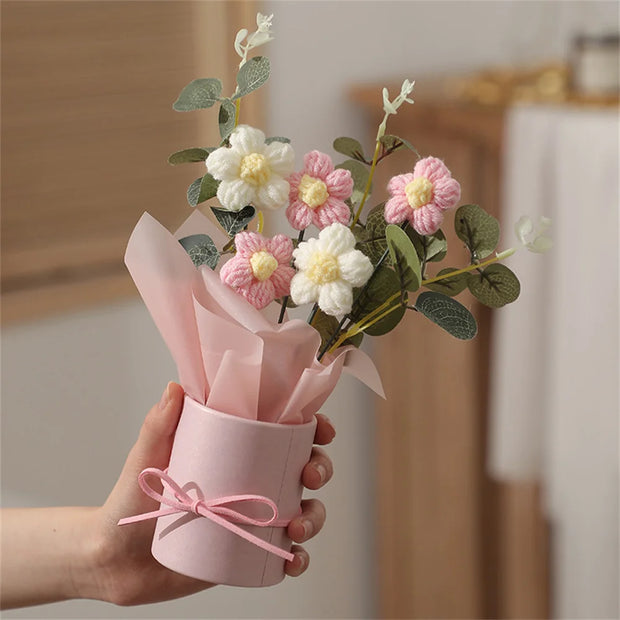 5PCS Knitted Flowers Puff Bucket Bouquet Woolen Flowers DIY Hand Knitted Flowers for Valentine's Day Christmas Gifts