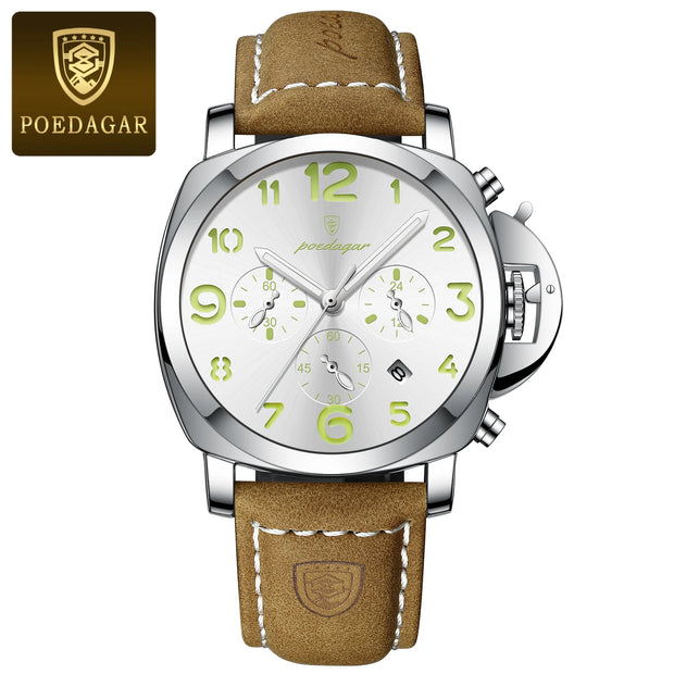 POEDAGAR Luxury Men's Quartz Watch Chronograph Waterproof Luminous Date Casual Leather Sports Military Wristwatch