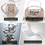 OUPINKE 3225 Luxury Business Mechanical Watch for Women Hollow Diamond Silicone Strap Waterproof Fashion Dress Clock