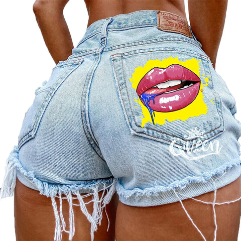 Denim Shorts for Women High Street Style with Red Lips Printed Jean Shorts Causal New Teeth Bite Bullet Pattern Summer Tassel Shorts