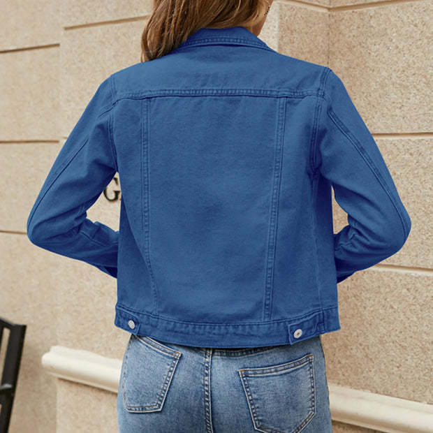 Women's Denim Jackets for Fashion Casual Long Sleeve Lapel Solid Single Button Chest Pocket Slim Fit Jean Coat for Fall Winter