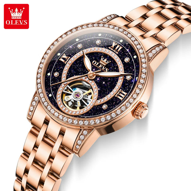 OLEVS 7036 Automatic Mechanical Wrist Watch for Women with Elegant Steel Strap Skeleton Starry Sky Diamond Bezel