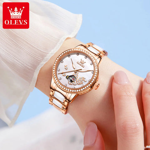 OLEVS Brand Women's Mechanical Watch Steel Strip Automatic Wristwatch Short and Eye-Catching