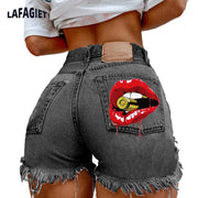 Denim Shorts for Women High Street Style with Red Lips Printed Jean Shorts Causal New Teeth Bite Bullet Pattern Summer Tassel Shorts