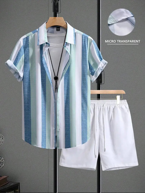 New Palm Leaf Print Men's Casual Shirt Hawaiian Men's Beach Shorts Summer Everyday Short-sleeved Shirt And Sports Shorts Set