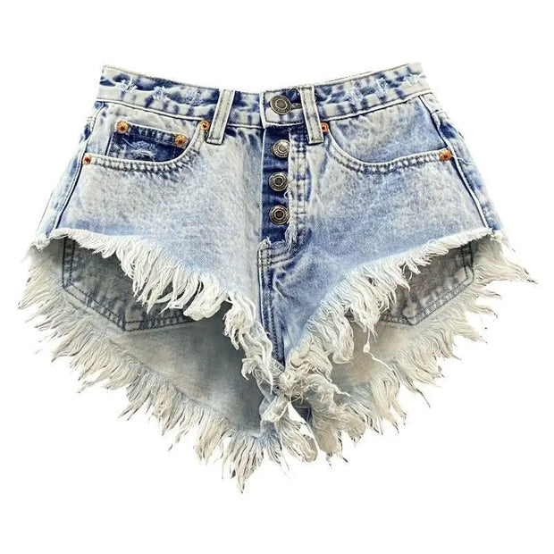 Single Breasted A-line Denim Wide Leg Shorts for Women's Summer High Waisted Fringed Fur Edge Washed Jeans Shorts