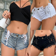 2025 Summer New Female Sexy Bandage Bodycon High Waist Denim Shorts Women's Lace Up Jeans Bar Dj Clubwear