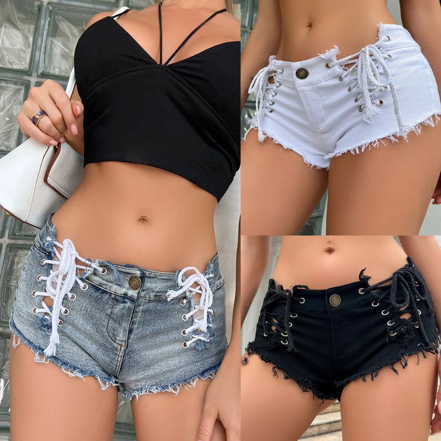 2025 Summer New Female Sexy Bandage Bodycon High Waist Denim Shorts Women's Lace Up Jeans Bar Dj Clubwear