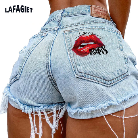 Denim Shorts for Women High Street Style with Red Lips Printed Jean Shorts Causal New Teeth Bite Bullet Pattern Summer Tassel Shorts