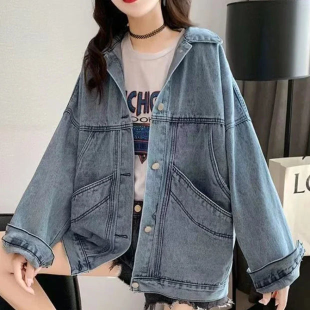 Elegant Women's Denim Coat with Turn Down Collar Maxi Length Single Breasted Casual Streetwear Jeans Jacket for Autumn and Spring