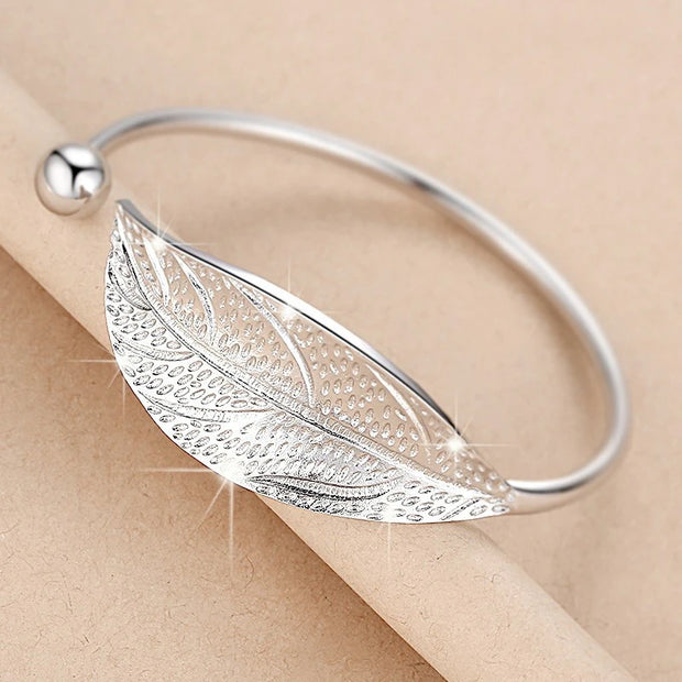 Fashion 925 Sterling Silver Woman Cuff Bracelet Open Leaf Shaped Adjustable Charm Bangle Bracelets Luxury Party Jewelry Gifts