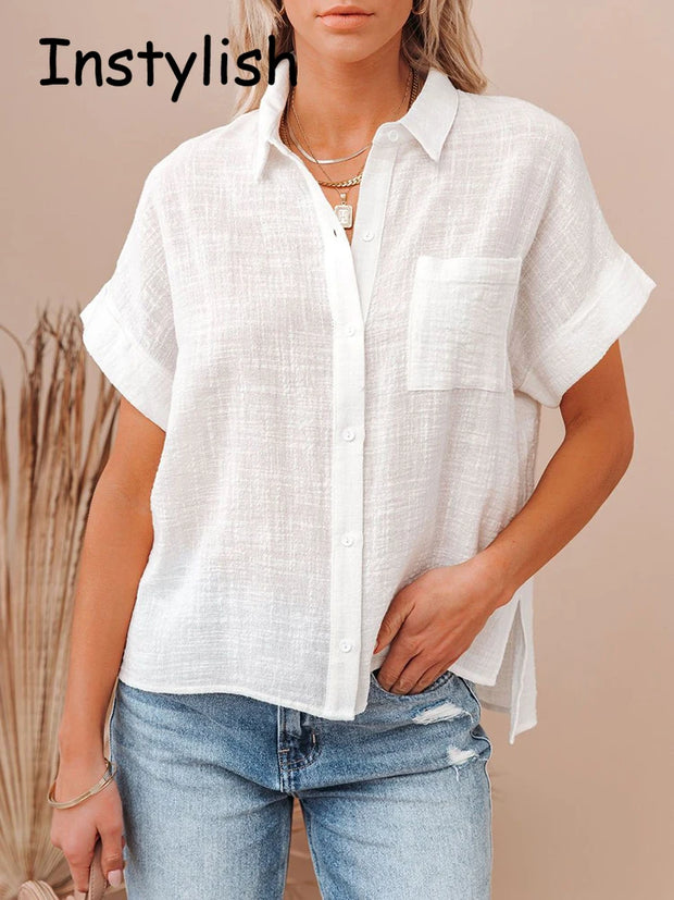 Elegant Chic Women's Tunis Shirt Summer Linen Oversized Vintage Harajuku Loose Blouse Short Sleeve Streetwear