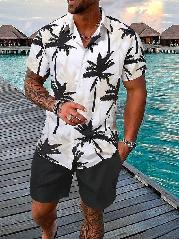 Casual Men's Short-Sleeved Shirt and Beach Shorts Set for Hawaiian Vacation Eye-Catching Design That Keeps Shorts Cool