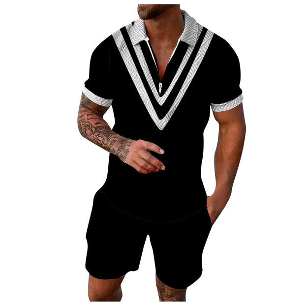 Contrast Color Men's Hawaii 3D Printed Polo Shirt and Shorts Set Casual Zip Up Top with Short Sleeves for Summer Fashion