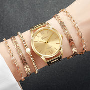 Fashionable Women's Quartz Watch 6PCS Set with Gold Steel Band Unisex Bracelets Style for Casual and Business Wear