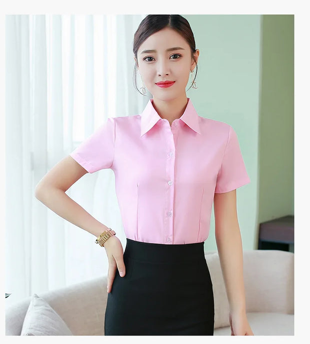 Fashion White Short Sleeve Women's Blouse Solid Tops for Autumn 2023 Ladies Work Shirt Eye Catching Basic Clothing