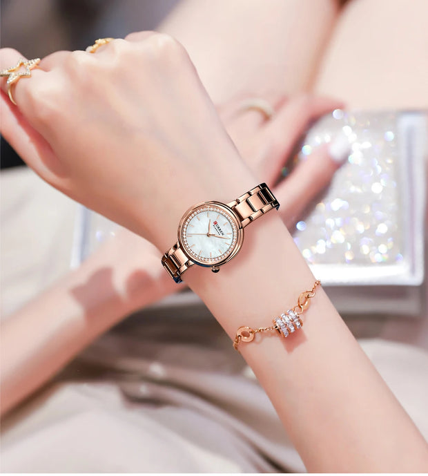 Luxury Stainless Steel Quartz Wristwatch for Women with Rhinestones Elegant Ladies Watch Gift Jewelry Set 5pcs