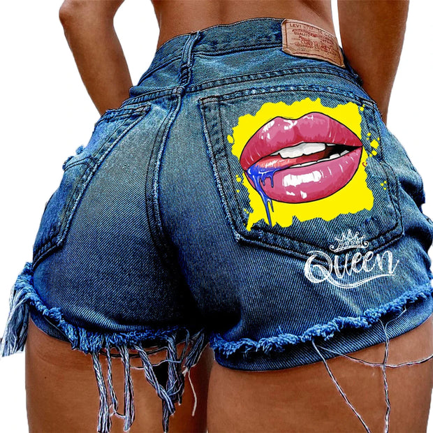 Denim Shorts for Women High Street Style with Red Lips Printed Jean Shorts Causal New Teeth Bite Bullet Pattern Summer Tassel Shorts