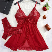 Exquisite Tulle Suspenders Lace V-Neck Nightgown Set for Women Semi-transparent Thong Underwear with Eye-catching Design