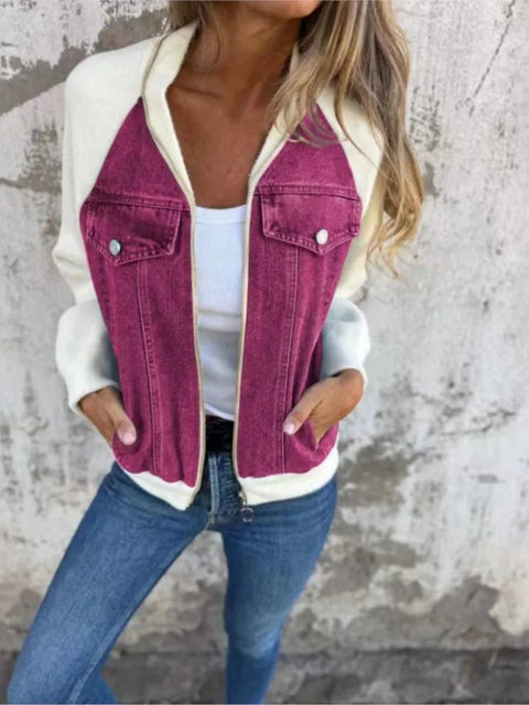 Autumn Winter Denim Patchwork Jacket for Women Casual Fashion V-Neck Long Sleeve Shoulder Rubbing Coat