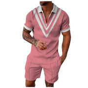 Contrast Color Men's Hawaii 3D Printed Polo Shirt and Shorts Set Casual Zip Up Top with Short Sleeves for Summer Fashion