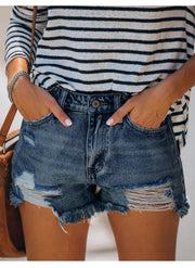 2025 Summer New Women's Ripped Denim Shorts Fashion High Elastic Tassel Straight Jeans Shorts Casual Sexy Ladies Shorts