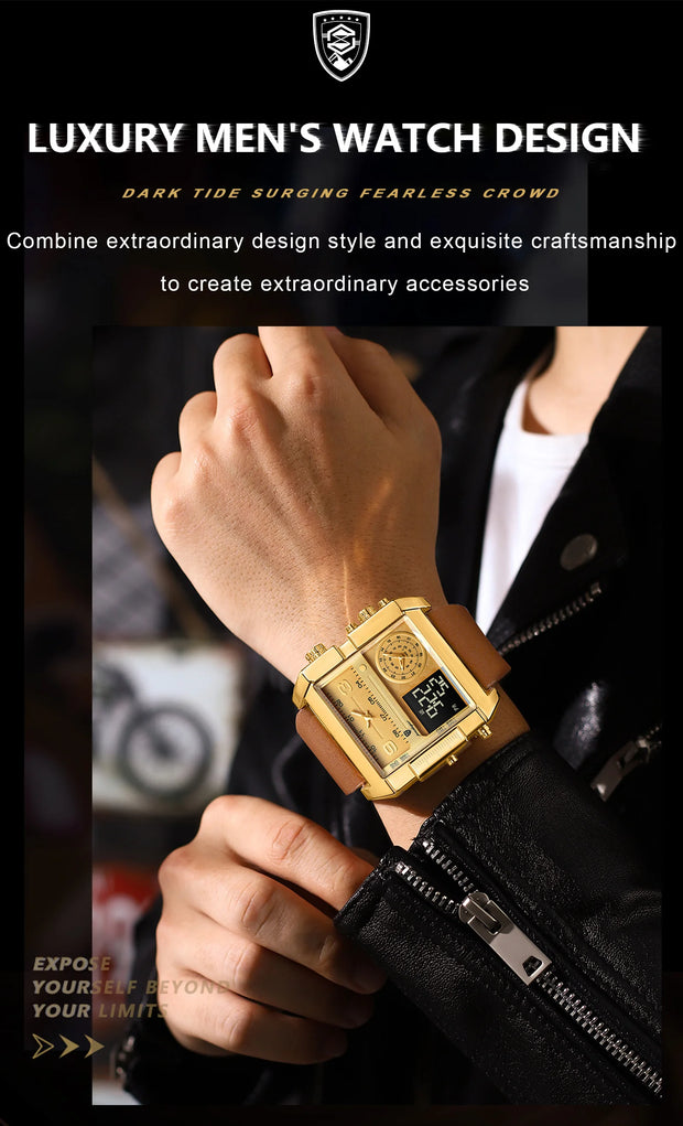 Luxury Men's Quartz Wristwatch Multifunctional Digital Watch with Rectangle Waterproof Luminous Hour and Day Week Display