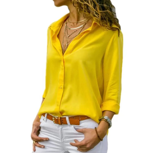 Elegant Women's Chiffon Blouse Solid Color V-Neck Long Sleeve Casual Shirt for Office Lady Tunics Oversized Tops