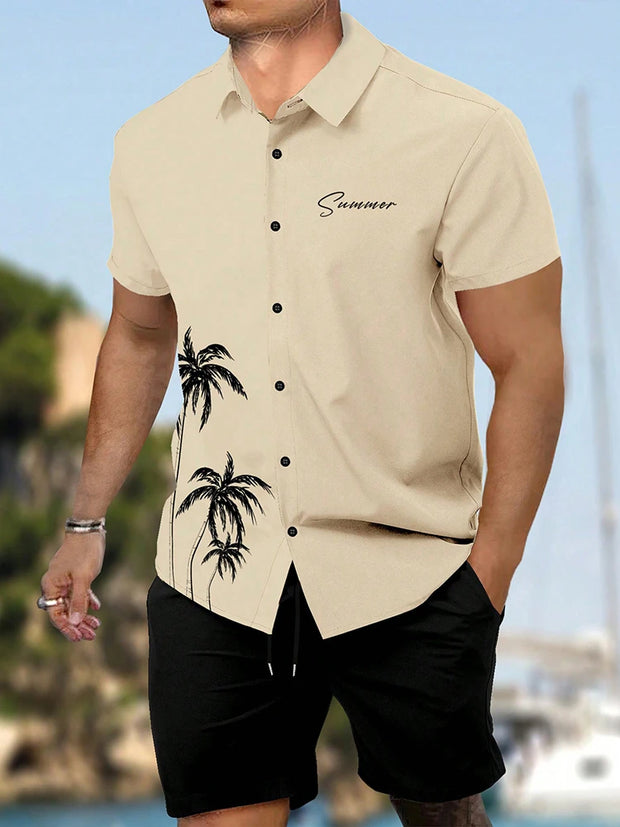 Casual Men's Short-Sleeved Shirt and Beach Shorts Set for Hawaiian Vacation Eye-Catching Design That Keeps Shorts Cool