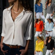 Elegant Women's Chiffon Blouse Solid Color V-Neck Long Sleeve Casual Shirt for Office Lady Tunics Oversized Tops