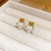 New Golden Heart Imitation Pearl Stud Earrings Women Personality Fashion Unique Design Earrings Wedding Jewelry Birthday Gift