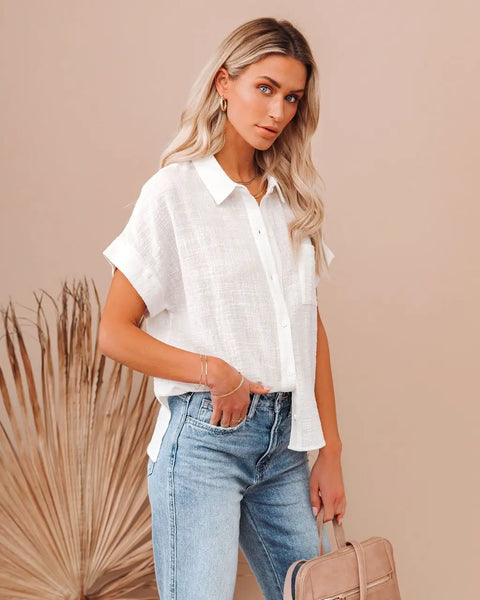 Elegant Women's Short Sleeve Blouse Cotton Fitting Pocket White Shirt for Summer 2024 Eye Catching