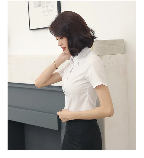 Summer Women's Office Lady Button Up White Slim Fit Basic Shirt Minimalist Short Sleeve Work Top for Women Clothing