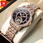 OLEVS 7036 Automatic Mechanical Wrist Watch for Women with Elegant Steel Strap Skeleton Starry Sky Diamond Bezel